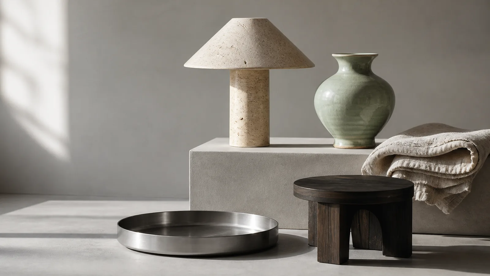 Curated travertine lamp, celadon vase and natural home objects