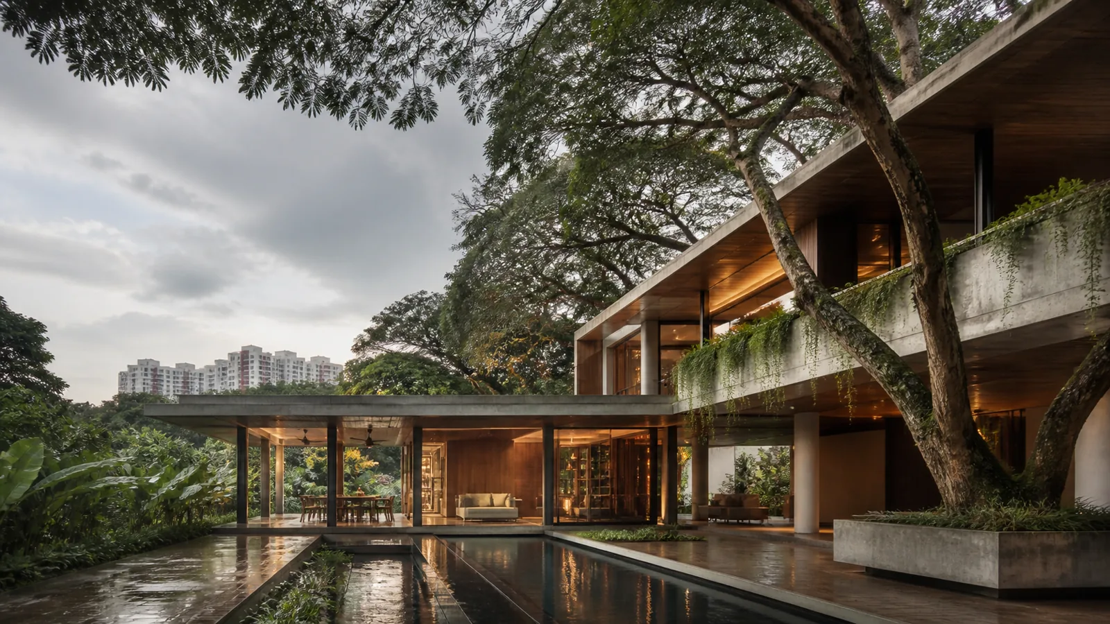 Tropical modern home arranged around mature trees and a reflective pool