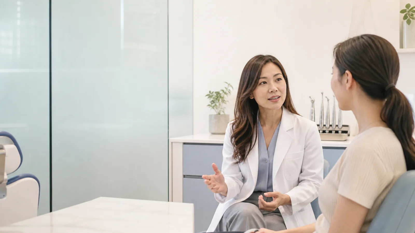 Dentist consulting with a patient in a calm contemporary clinic