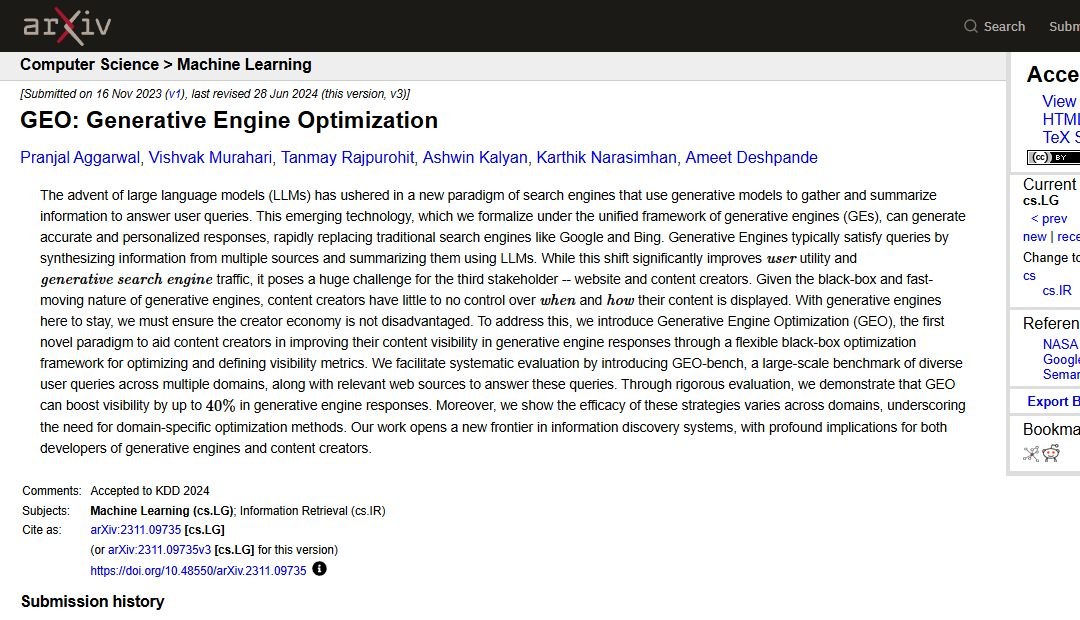 The arXiv abstract page for the research paper GEO: Generative Engine Optimization