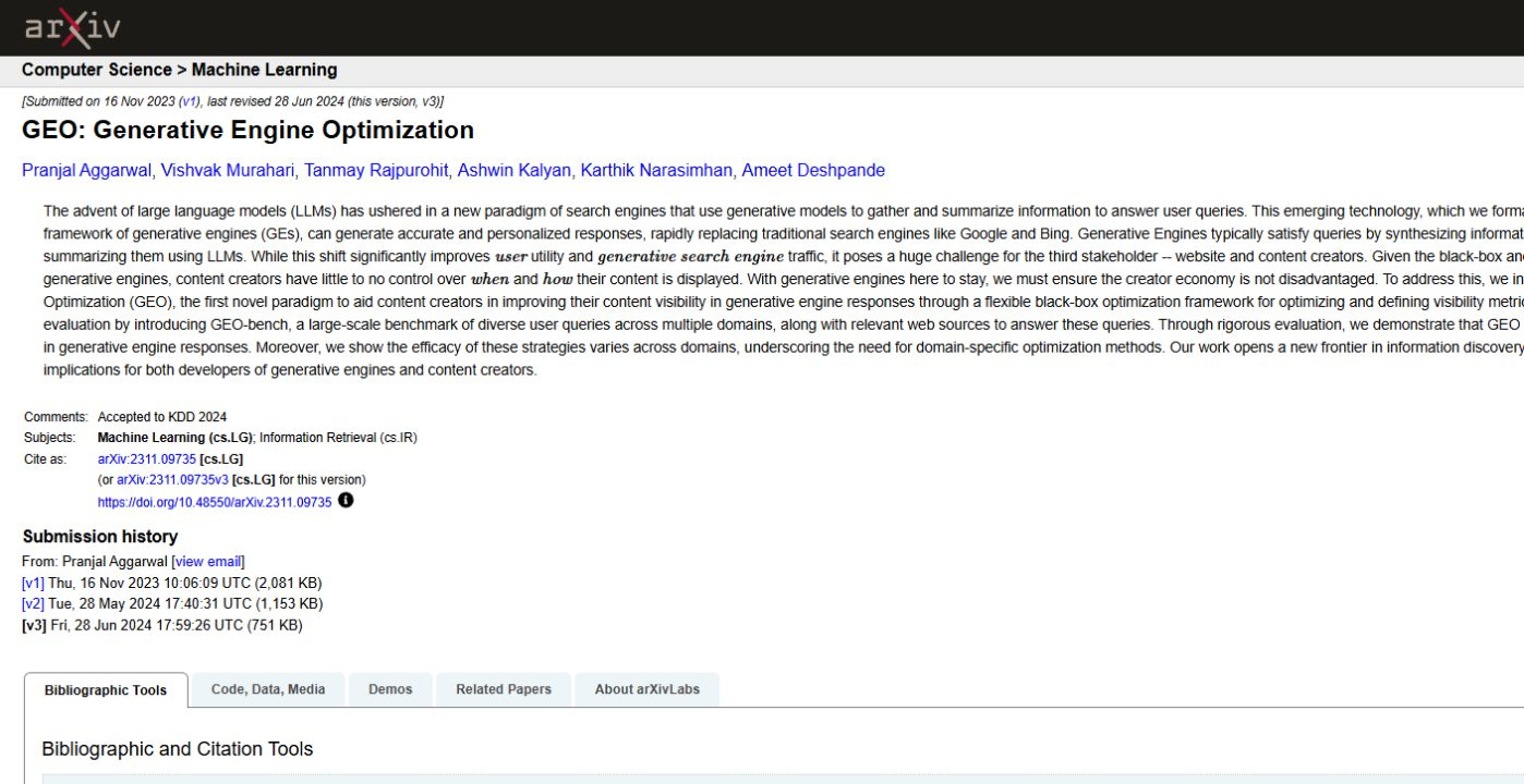 The arXiv abstract page for the research paper GEO: Generative Engine Optimization
