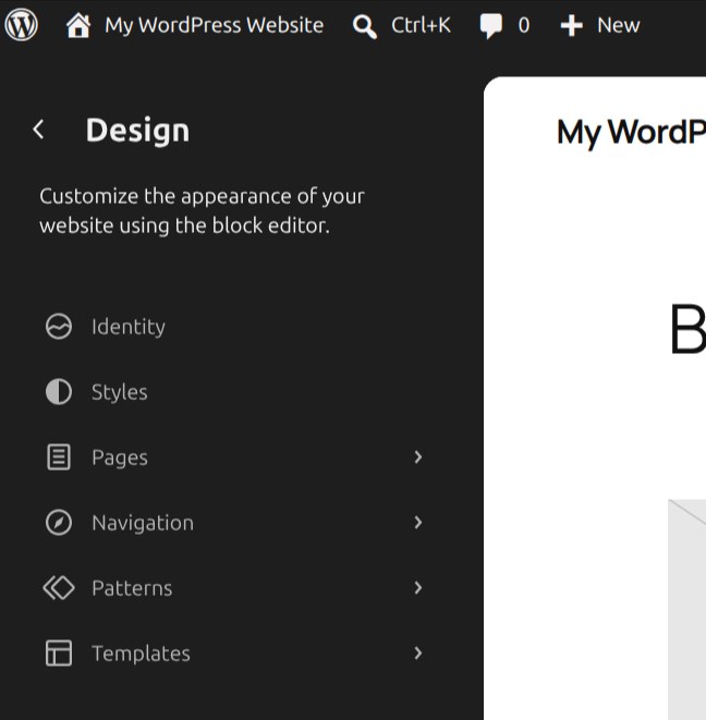 The WordPress Site Editor showing design, styles, pages, navigation, patterns and templates
