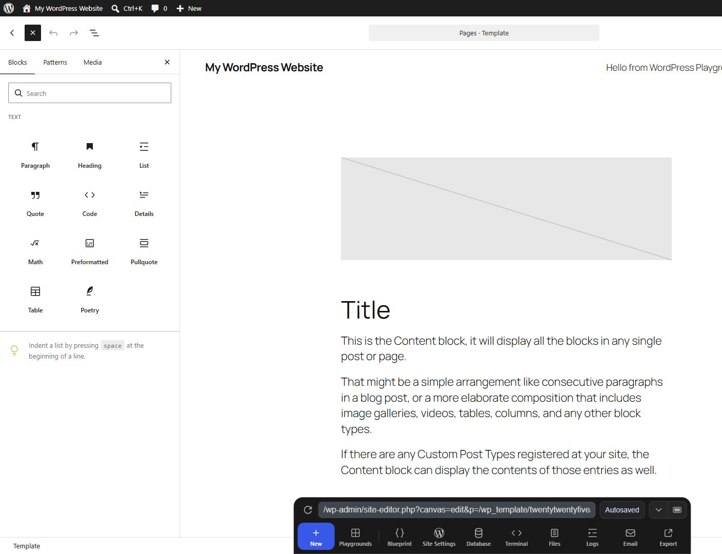 The live WordPress Site Editor with its block library open beside a page template