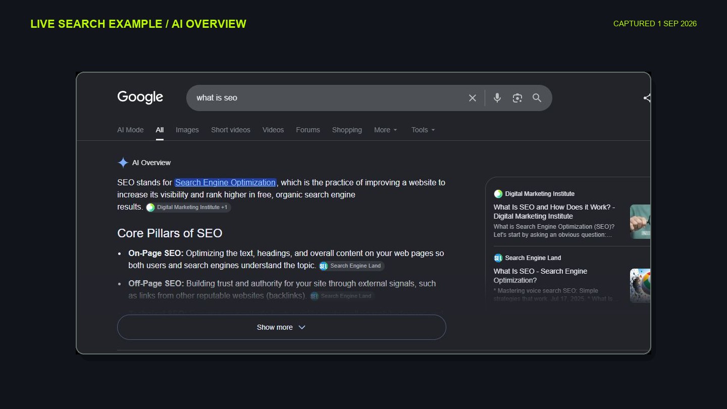 A real Google Search AI Overview with supporting source links