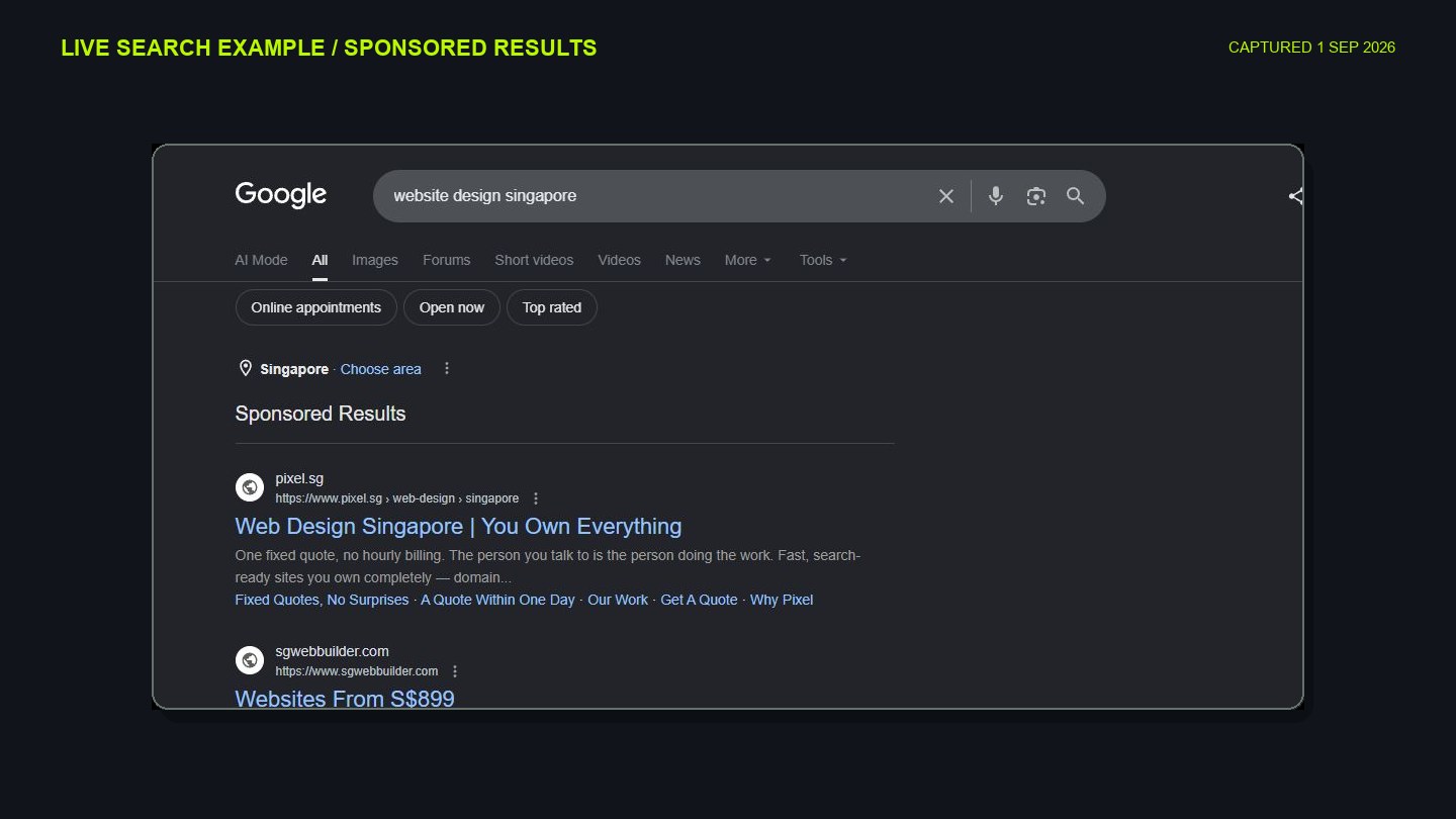 Real sponsored results in Google Search for website design in Singapore