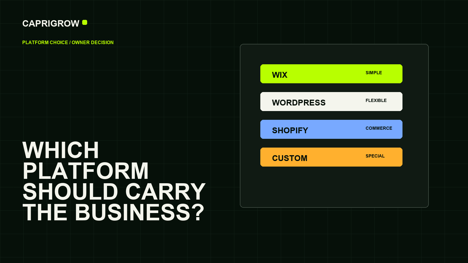 Decision board comparing Wix, WordPress, Shopify and custom website routes