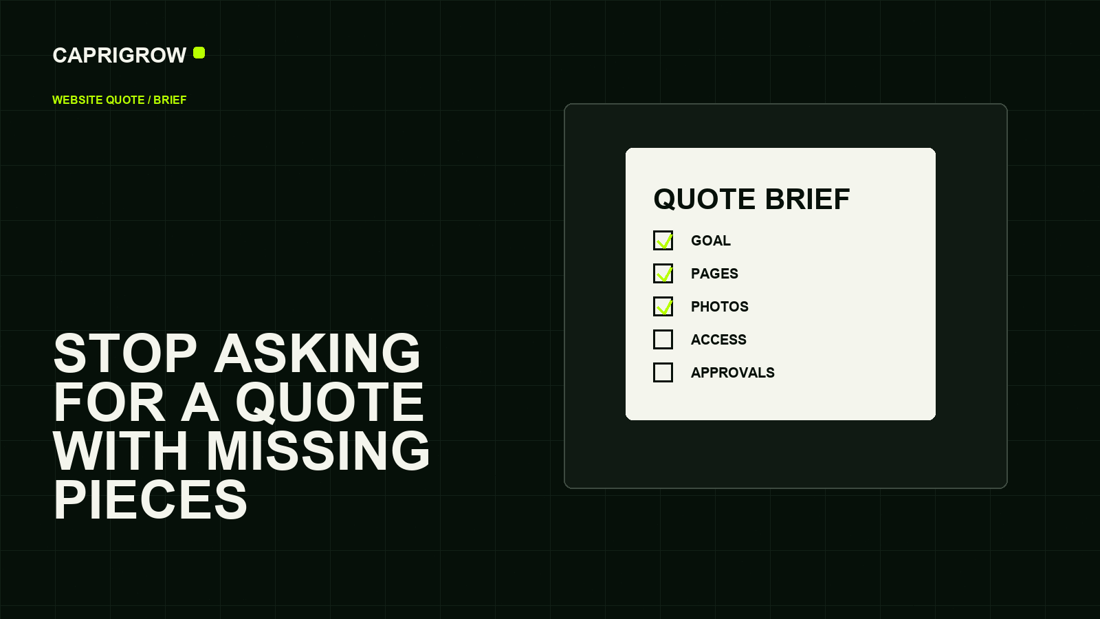 Website quote preparation board with business goals pages assets access and approvals